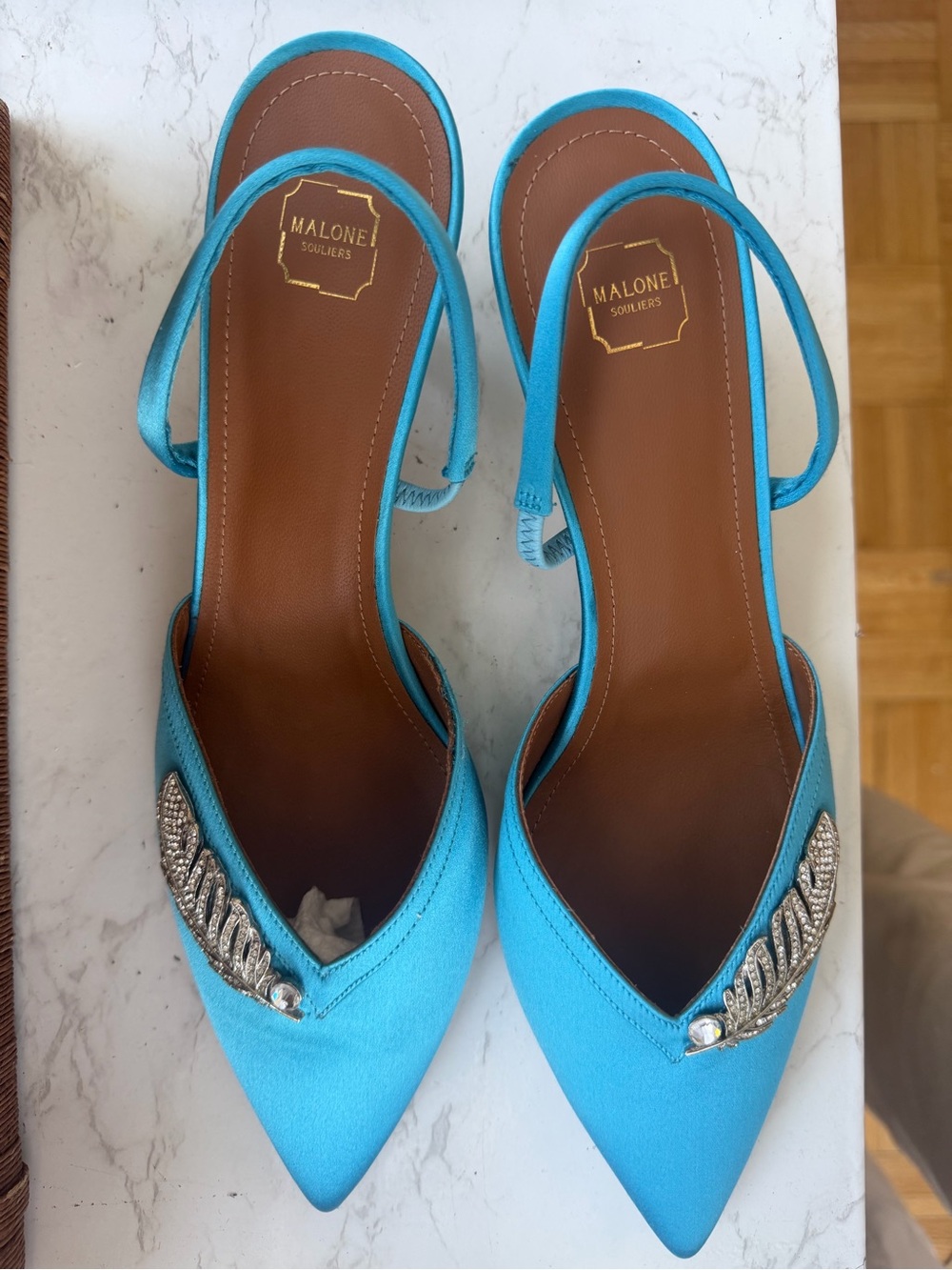 Malone Souliers Turquoise Crystal-Embellished Pointed Slingback Mules
